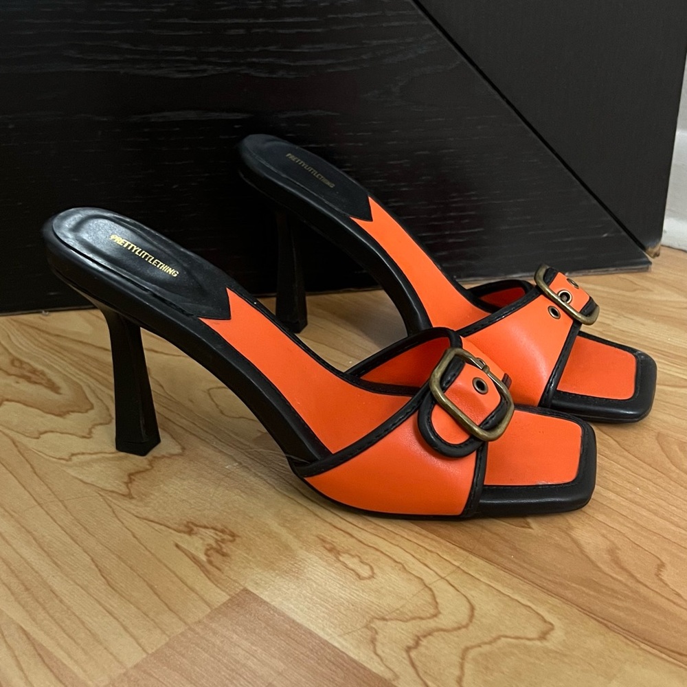 Pretty Little Thing Heels, orange and black, worn once. Size 8